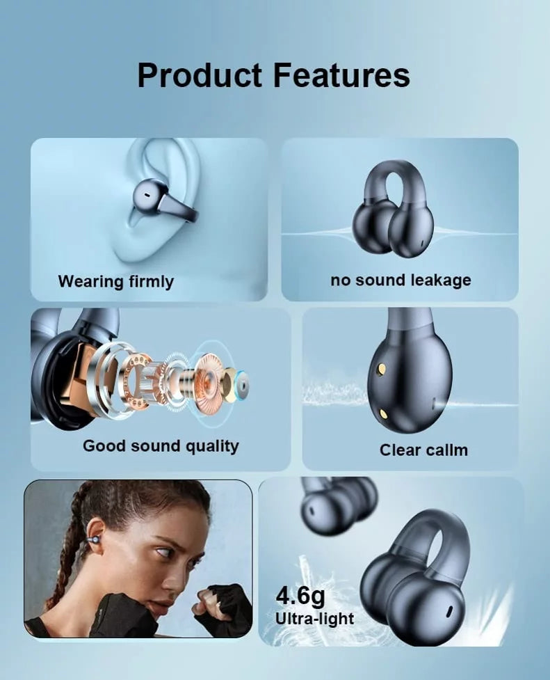 Wireless Ear-Clip TWS Earphones for  Galaxy Z Fold5/Flip5 Phones - Bluetooth Earbuds Bone Conduction Headphones True Stereo Charging Case Hands-free D9G matching With Galaxy Z Fold5/Flip5