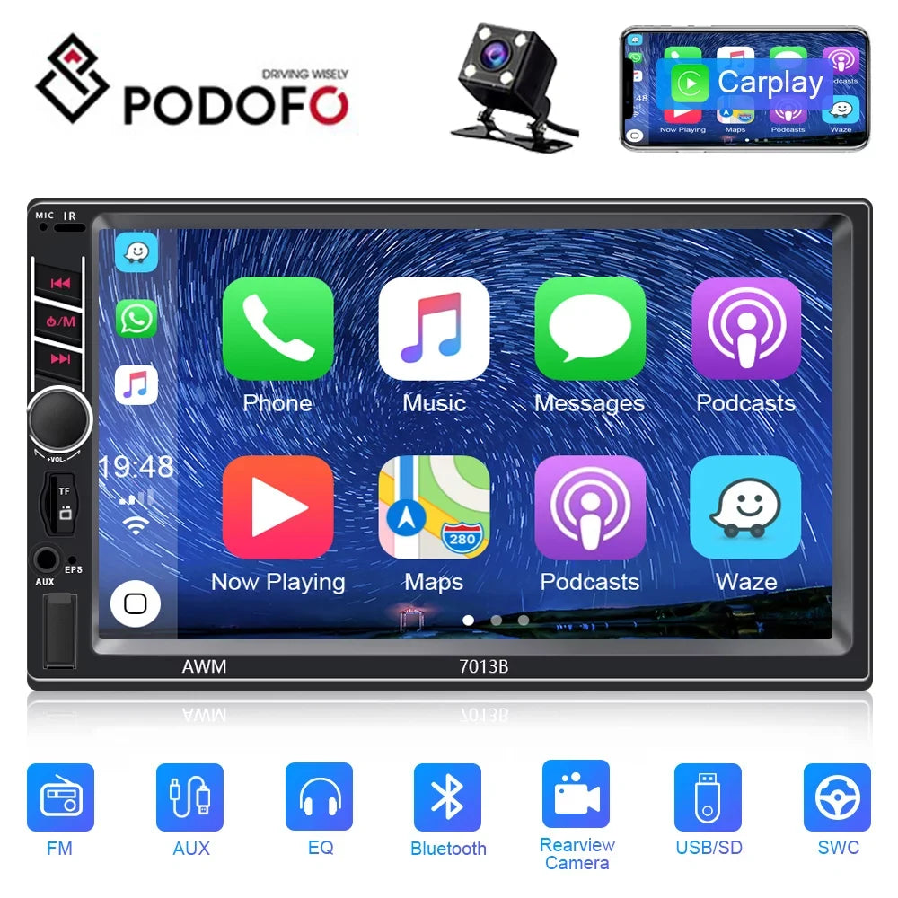 Podofo 2 Din Car Stereo with  D-play 7 inch Touch Screen Car MP5 Player Car Radio Bluetooth USB with 4 LED Rear View Camera