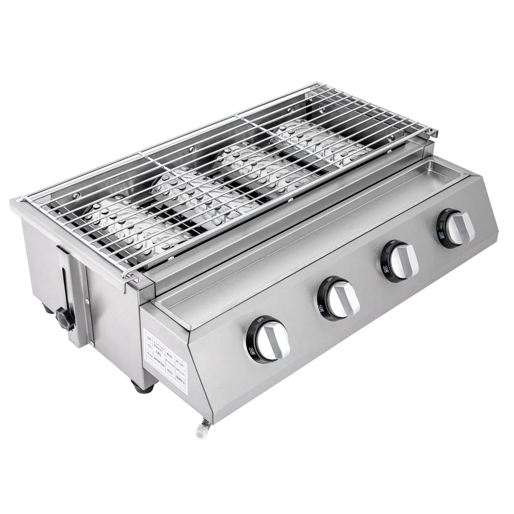 Countertop Barbeque Grill, LPG Gas 4-Burner Stainless Steel Grill for Outdoor Sliver