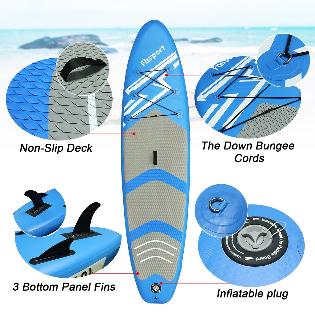FBSPORT 11 Ft SUP Thickening Inflatable Stand Up Paddle Board w/Complete Accessories & Carry Bag, Surf Control, Non-Slip Deck, Standing ship Surfboard