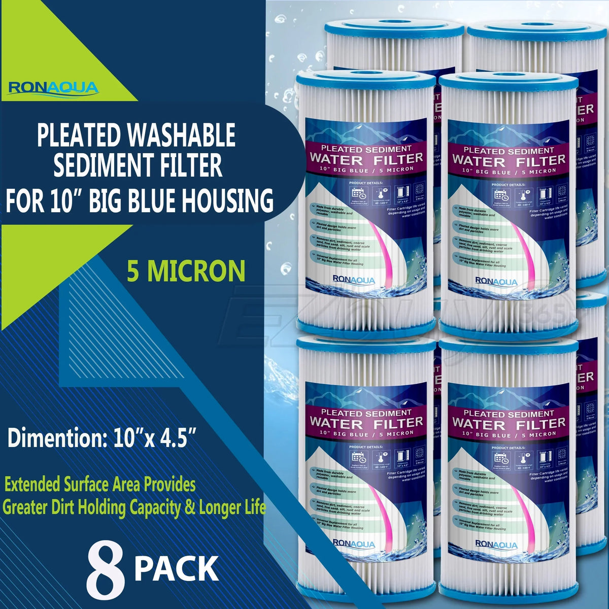 Big Blue Pleated Washable & Reusable Sediment Filter 5 Micron Amplified Surface Area, Removes Sand, Dirt, Silt, Rust, Extended Filter Life for 10" Big Blue Housing by Ronaqua (Set of 8)
