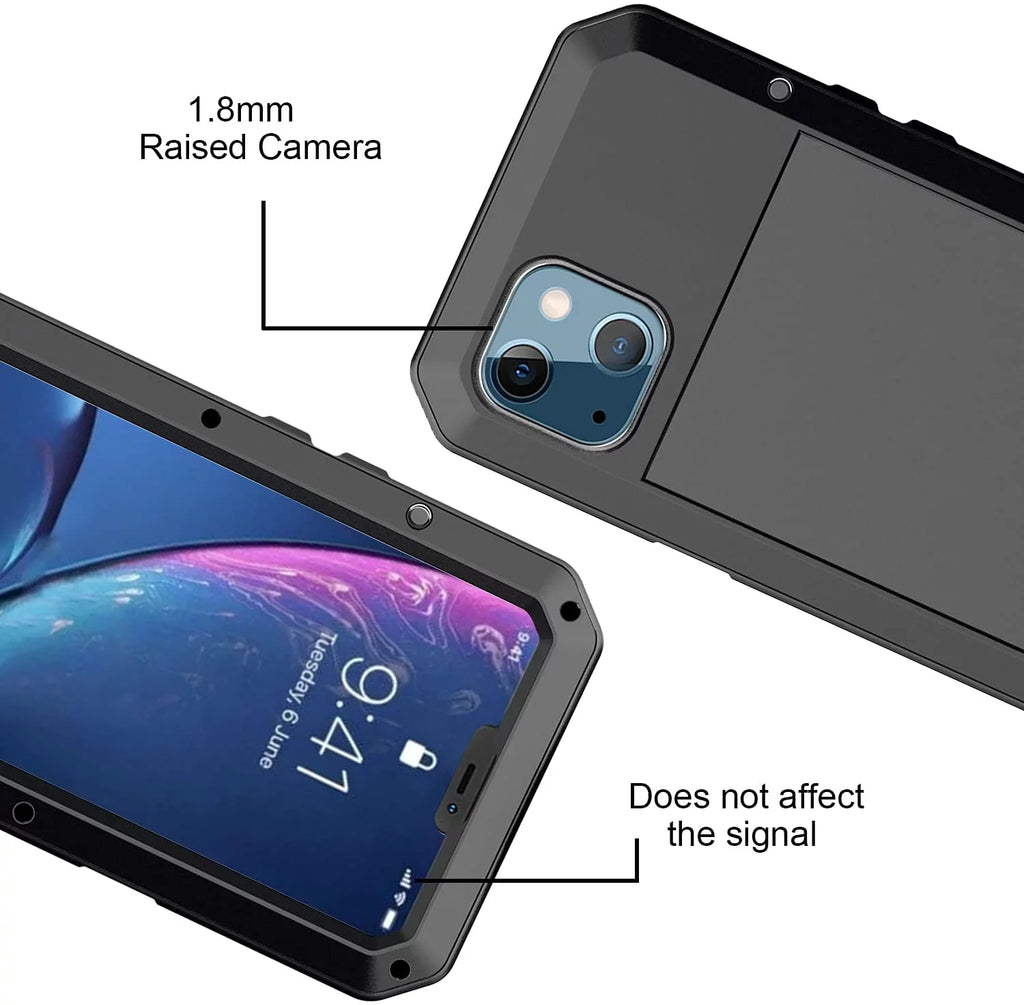 Gorilla Glass Aluminum Metal iPhone 15 Case (Black) Heavy Duty Military Grade Shockproof and Scratch impervious Protection, Rugged Outdoor Travel