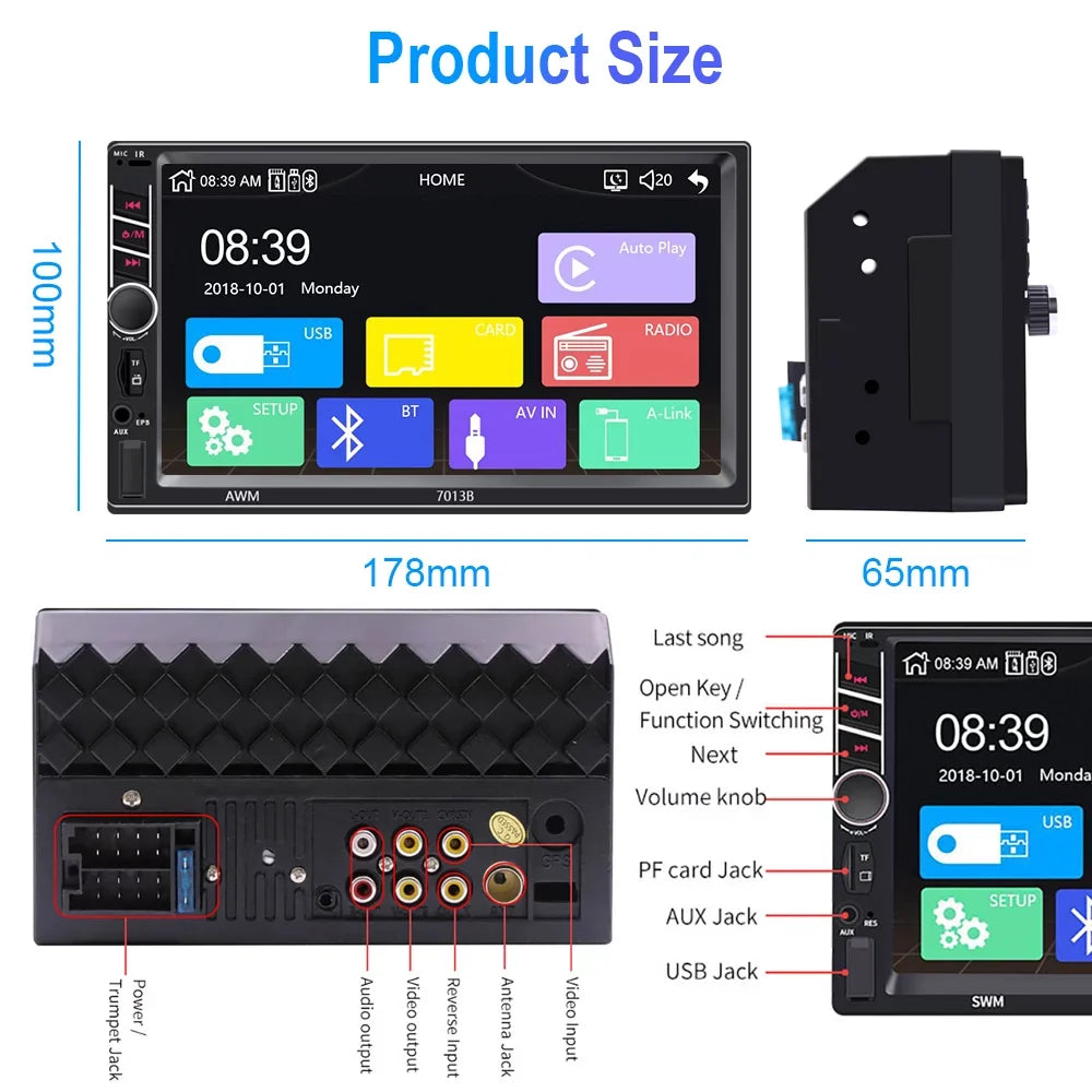 Podofo 2 Din Car Stereo with  D-play 7 inch Touch Screen Car MP5 Player Car Radio Bluetooth USB with 4 LED Rear View Camera