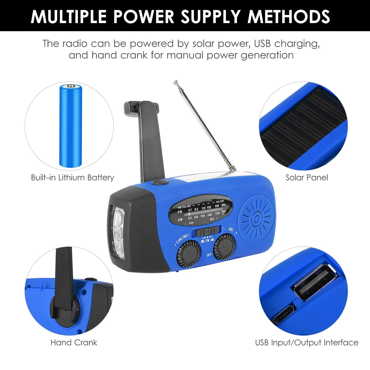 OWSOO Hand Crank Solar climate AM / / NOAA atmospheric conditions Rechargeable Portable  Bank with Solar Charging & Hand Crank & Battery Operated Flashlight Cell Reading Lamp for Camping Hiking Adve