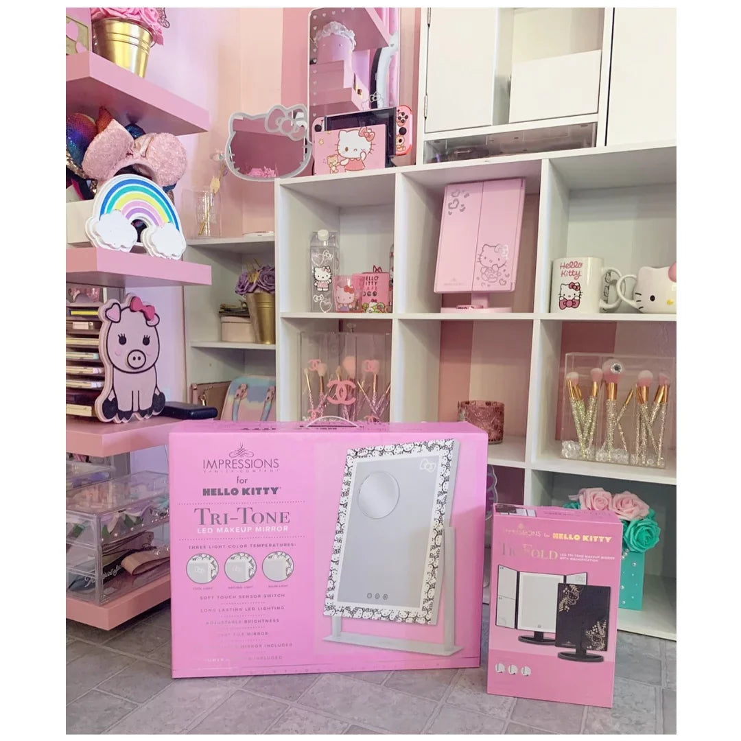 Impressions Vanity Hello Kitty Cute Tri Tone LED Makeup Mirror, Lighted Vanity Mirror with Lights and 3X Magnification, 360 Degree Swivel Mirror with Touch and Iron premium Frame (White)