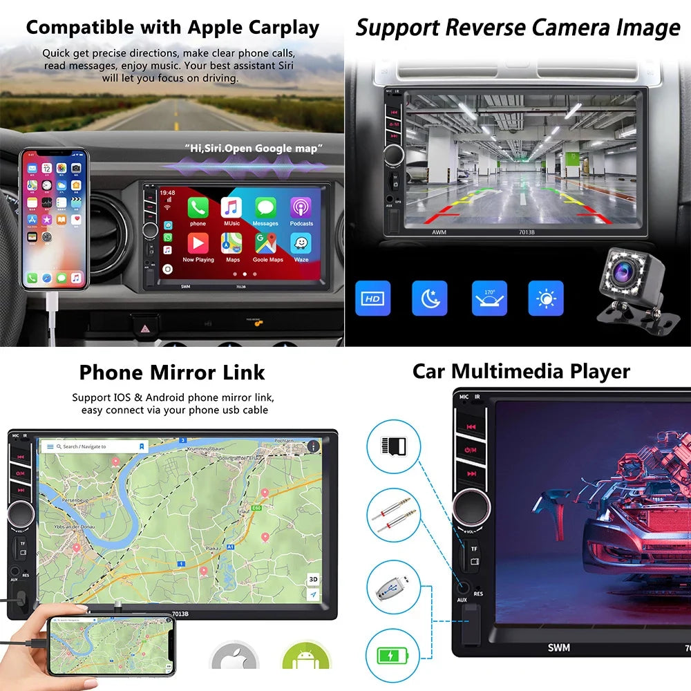 Podofo 2 Din Car Stereo with  D-play 7 inch Touch Screen Car MP5 Player Car Radio Bluetooth USB with 4 LED Rear View Camera