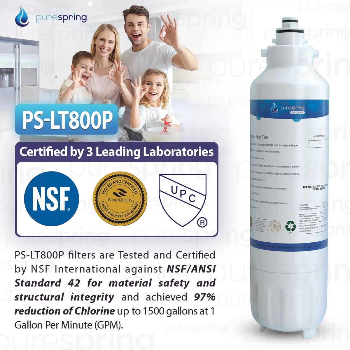 PureSpring NSF 42 Certified Refrigerator liquid Filter, appropriate with  LT800P, LT800PC, ADQ73613401, ADQ73613402, ADQ73613403, Kenmore 9490, 46-9490, 469490 (1 Pack)