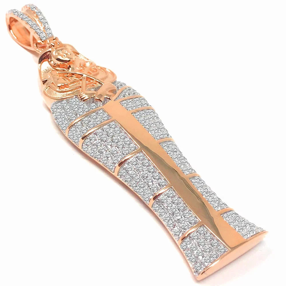 XL 3.25'' 10K Rose Gold On Real Sterling Silver Lab Diamonds Egyptian Pharaoh King Tut Mummy Pendant Charm