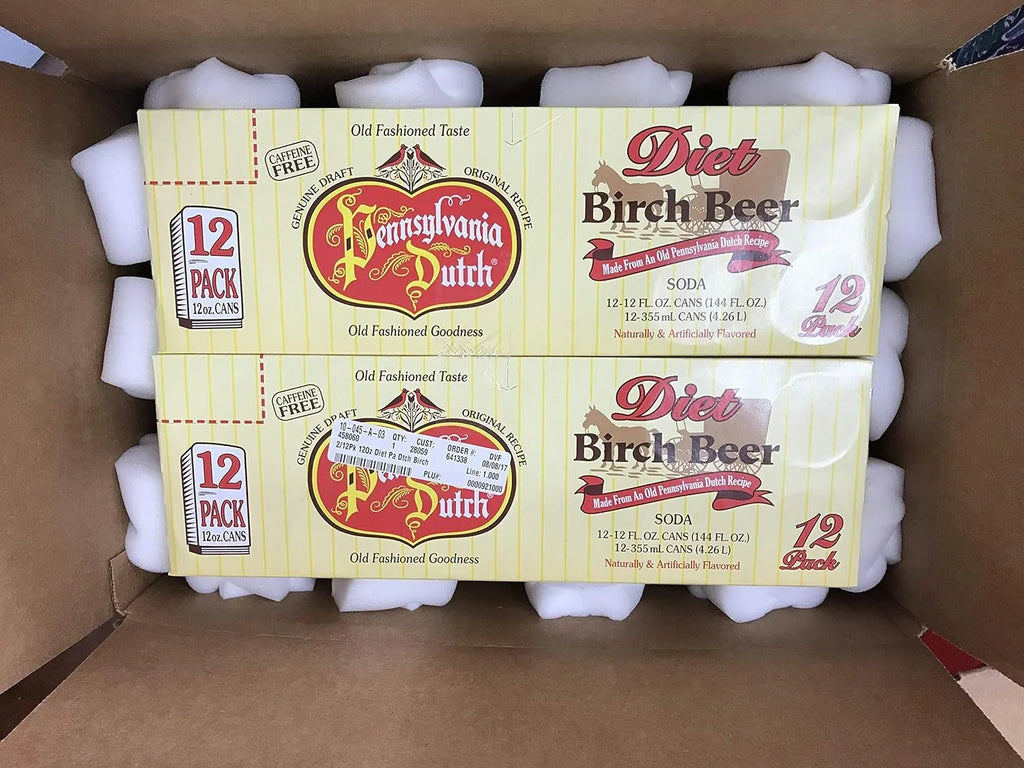 Cans (Case Of 24 Cans). PA Dutch Diet Birch Beer, Protected With High-Density Foam, Favorite Amish Drink, 12 Oz