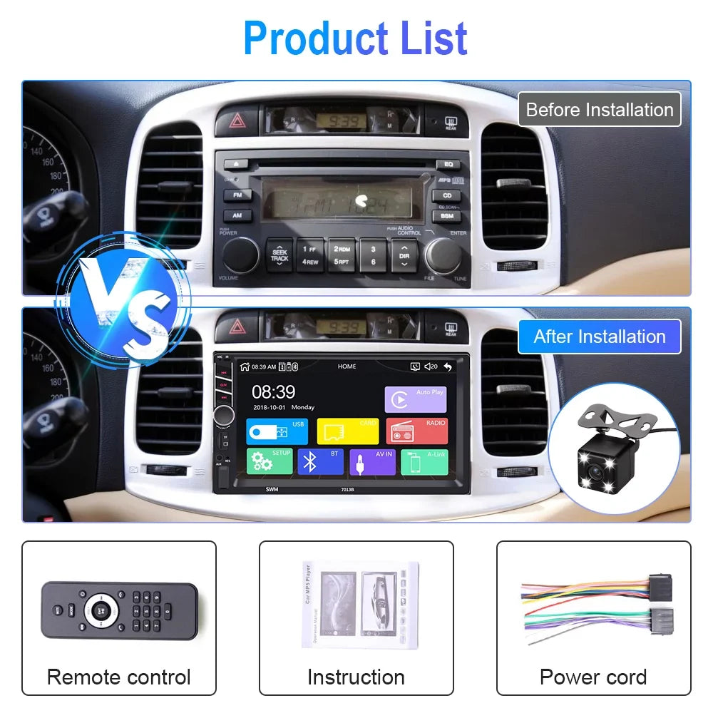 Podofo 2 Din Car Stereo with  D-play 7 inch Touch Screen Car MP5 Player Car Radio Bluetooth USB with 4 LED Rear View Camera