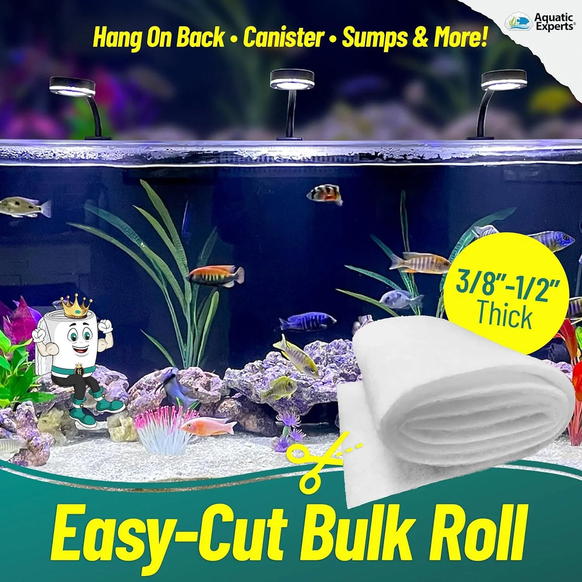 Aquatic Experts Aquarium Filter Pad, FilterFirst Aquarium Filter Media Roll for Crystal Clear liquid - Filter Floss for Fish Tank Filters, 12 by 72 by ⅜ Inch to ½ Inch Thick