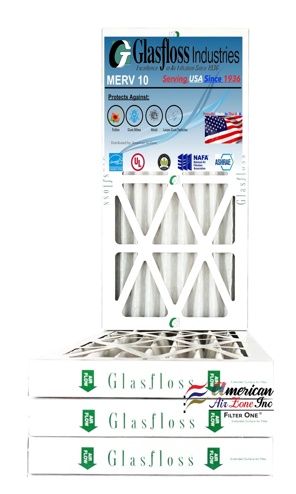 Glasfloss Air Filter 12x25x2 - 2" MERV 10 - (Pack of 4) - Pleated AC or HVAC Air Filter - Furnace Air Filter - Home or Office - Made In The USA.