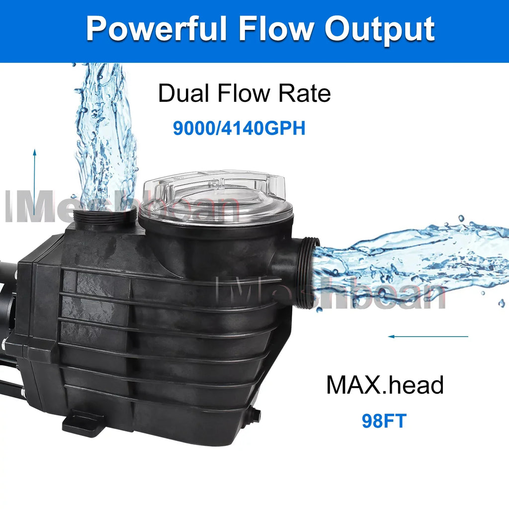 iMeshbean 2-Speed 2.5HP Motor Swimming Pool Pump, 230V 9000GPH/4140GPH, Above Ground Pool Pump In-ground Pool Pump, Head Max 98FT, w/ Strainer Basket& NPT Connectors