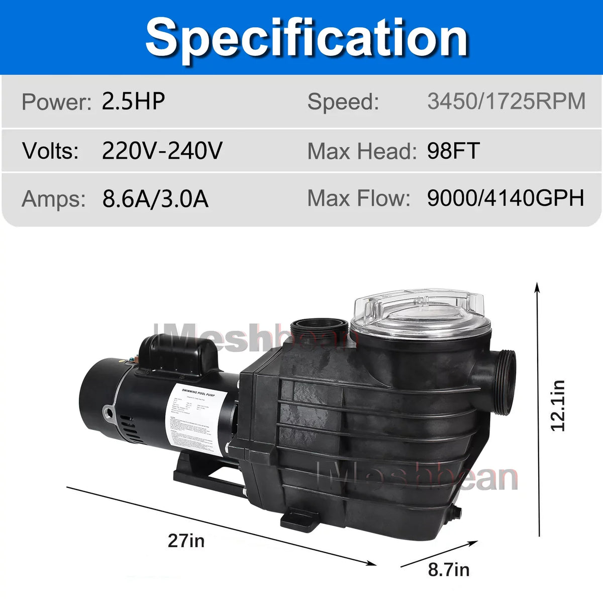 iMeshbean 2-Speed 2.5HP Motor Swimming Pool Pump, 230V 9000GPH/4140GPH, Above Ground Pool Pump In-ground Pool Pump, Head Max 98FT, w/ Strainer Basket& NPT Connectors