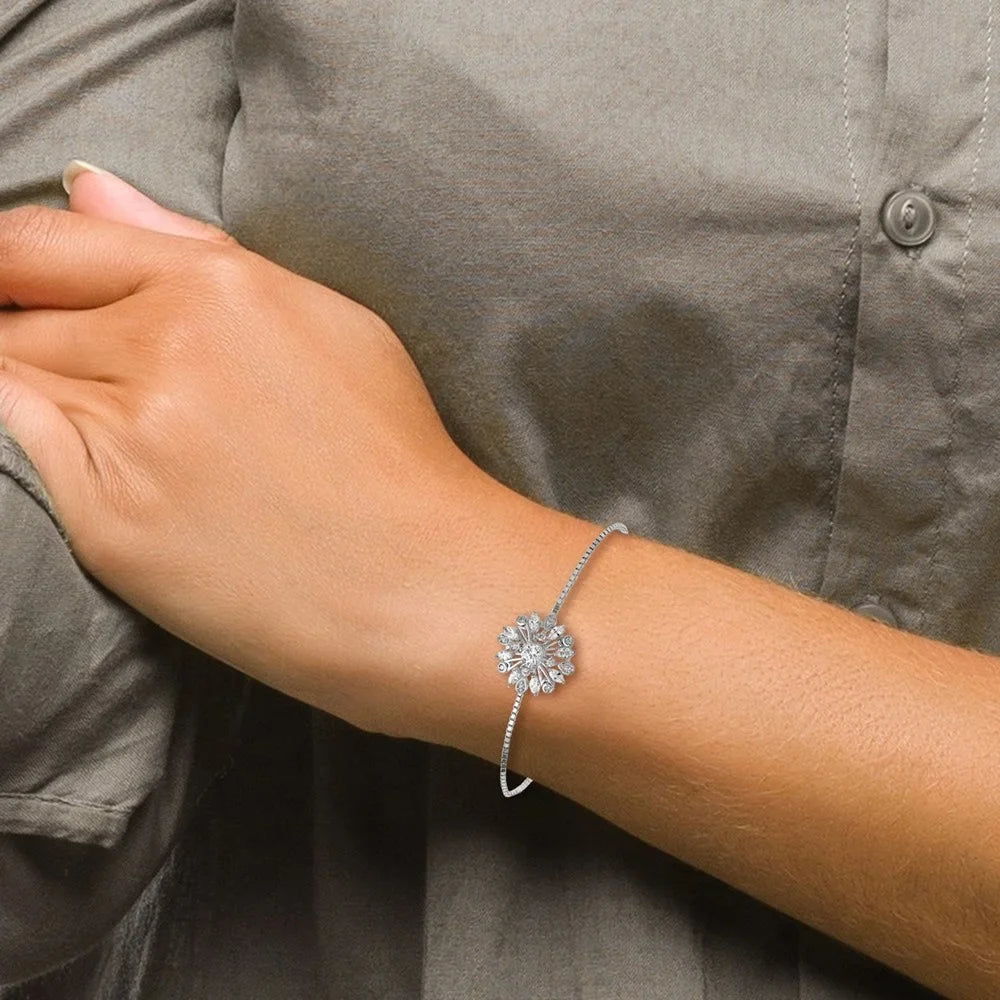 Auriga 925 Sterling Silver Rhodium-plated Floral CZ Adjustable Bolo Bracelet for Women