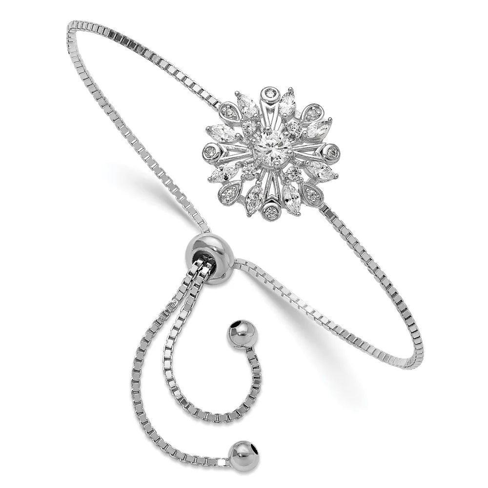 Auriga 925 Sterling Silver Rhodium-plated Floral CZ Adjustable Bolo Bracelet for Women