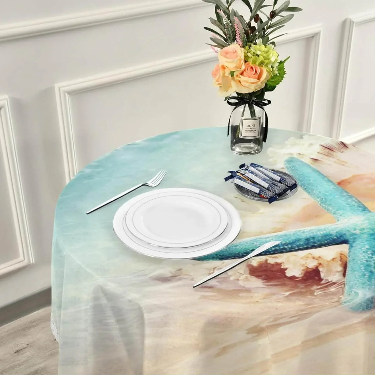 SKYSONIC Starfish Summer Beach Round Tablecloth 60inch Indoor Wrinkle Free, Sea Wave Conch Circular Lace Table wrap Washable for Kitchen Party BBQ Dining Decor