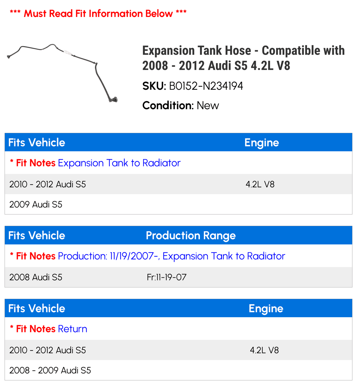 Expansion Tank Hose - appropriate with 2008 - 2012 Audi S5 4.2L V8 2009 2010 2011