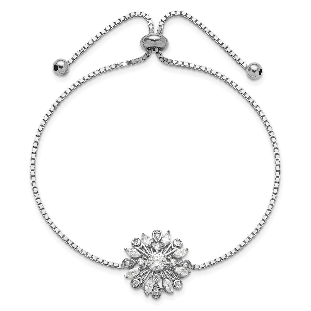 Auriga 925 Sterling Silver Rhodium-plated Floral CZ Adjustable Bolo Bracelet for Women