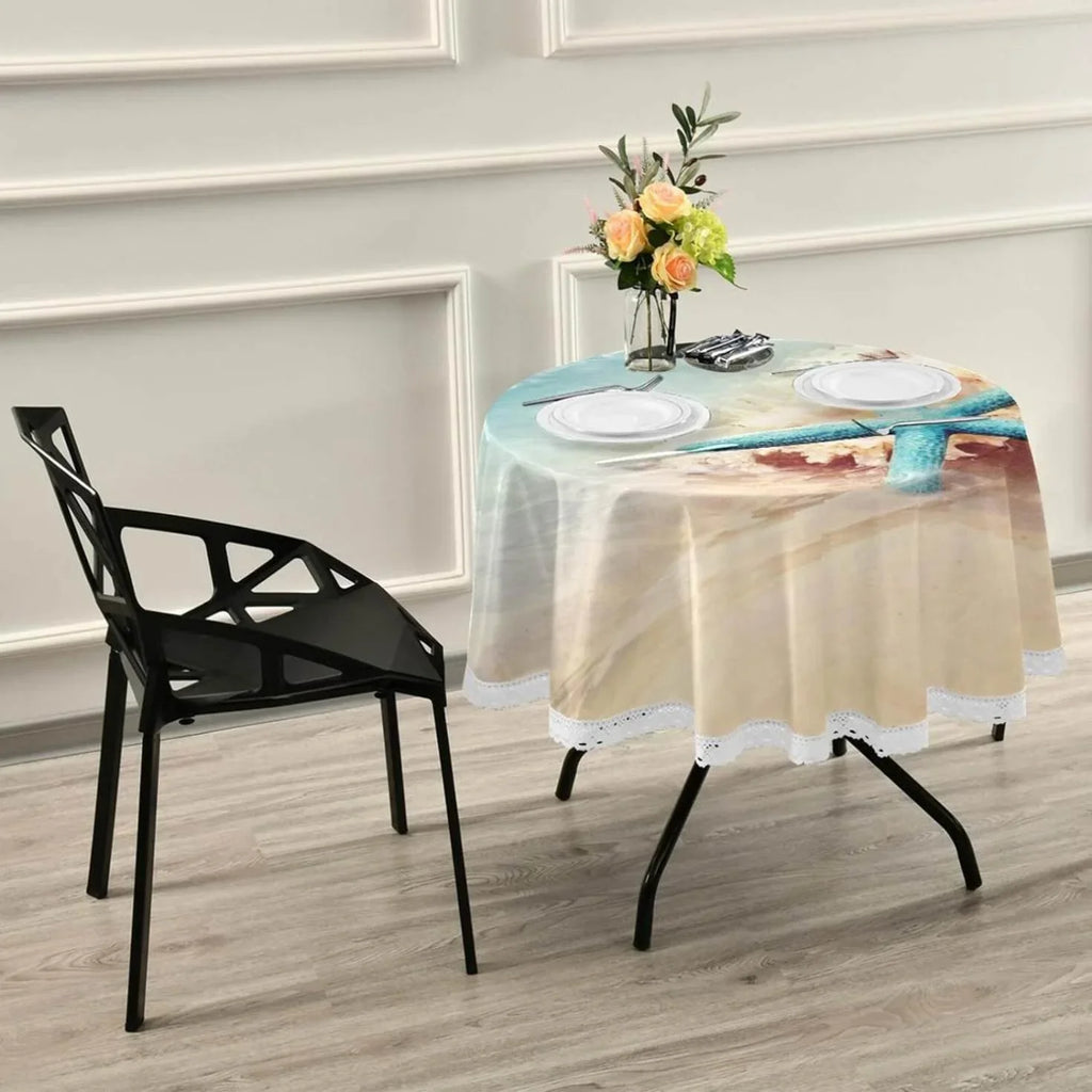 SKYSONIC Starfish Summer Beach Round Tablecloth 60inch Indoor Wrinkle Free, Sea Wave Conch Circular Lace Table wrap Washable for Kitchen Party BBQ Dining Decor