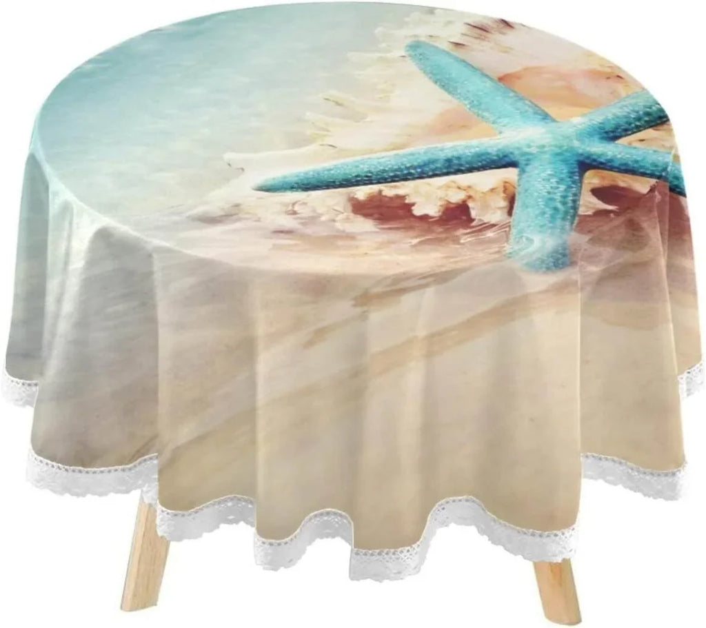 SKYSONIC Starfish Summer Beach Round Tablecloth 60inch Indoor Wrinkle Free, Sea Wave Conch Circular Lace Table wrap Washable for Kitchen Party BBQ Dining Decor
