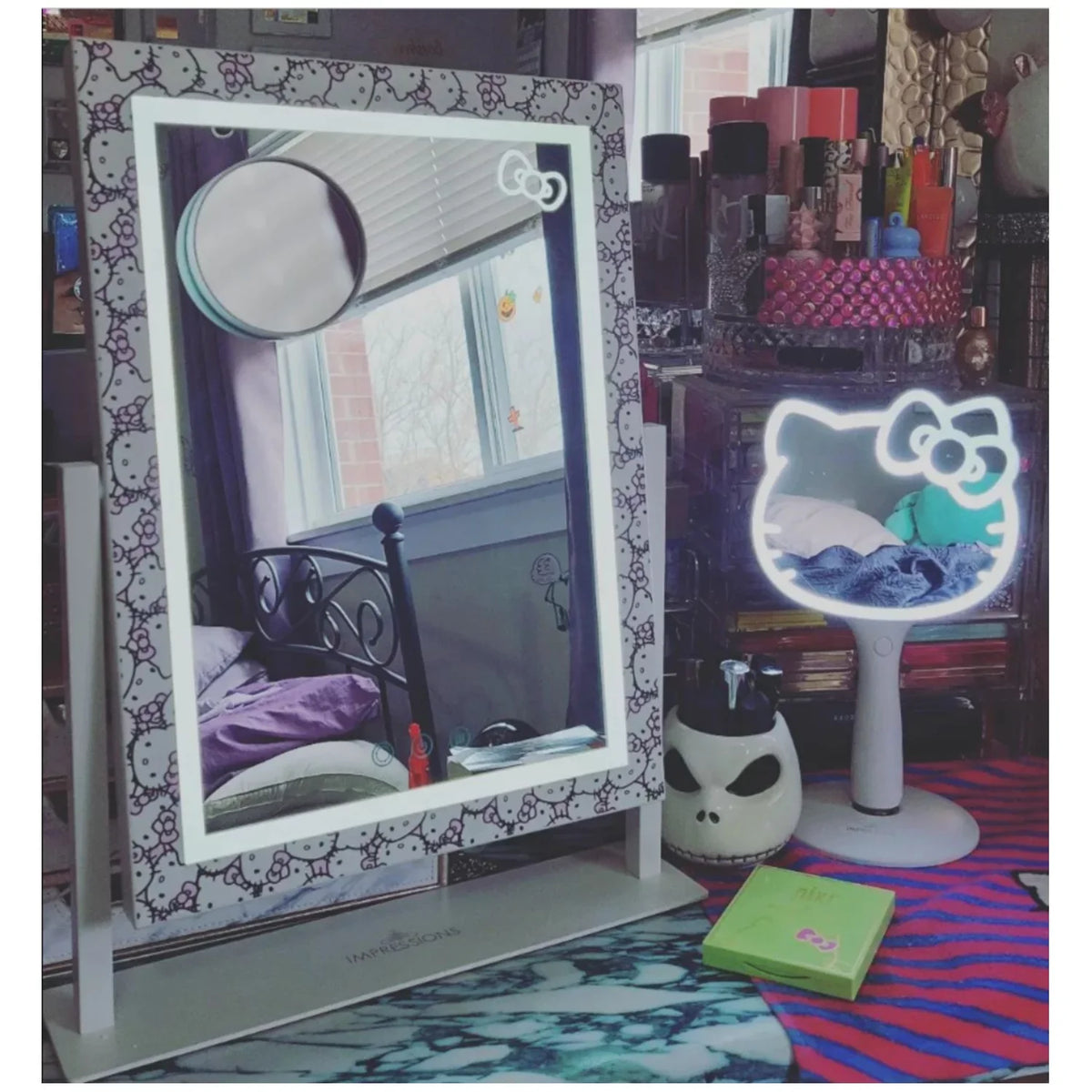 Impressions Vanity Hello Kitty Cute Tri Tone LED Makeup Mirror, Lighted Vanity Mirror with Lights and 3X Magnification, 360 Degree Swivel Mirror with Touch and Iron premium Frame (White)