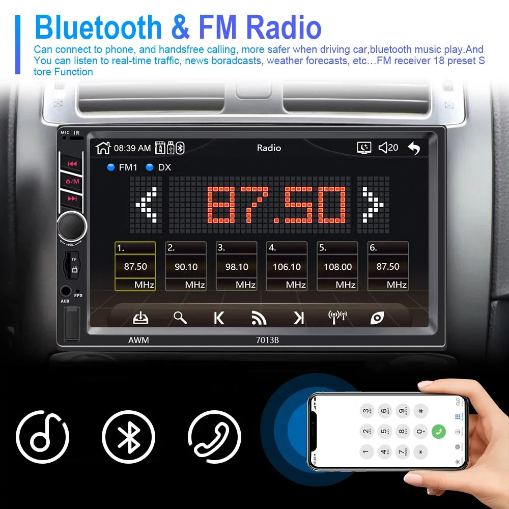 Podofo 2 Din Car Stereo with  D-play 7 inch Touch Screen Car MP5 Player Car Radio Bluetooth USB with 4 LED Rear View Camera